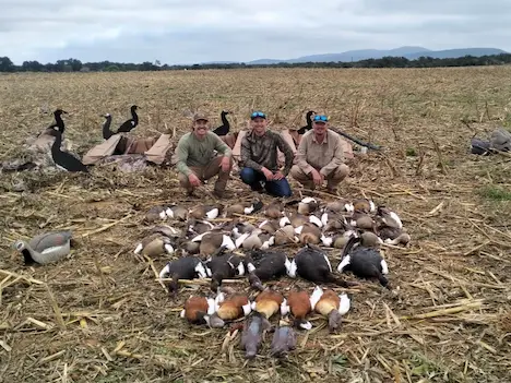 Two hunters proudly posing with their duck and geese they shot after another successfull hunting expedition